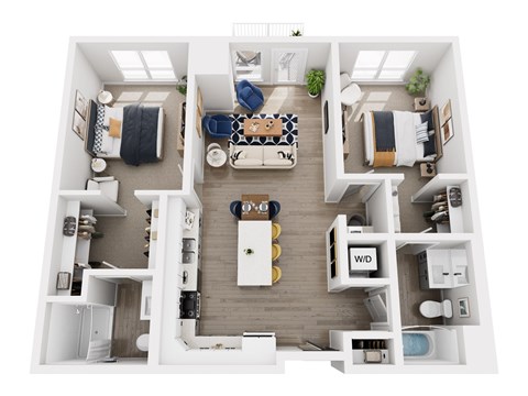 A top down view of a small apartment with a kitchen, living room, and bedroom.